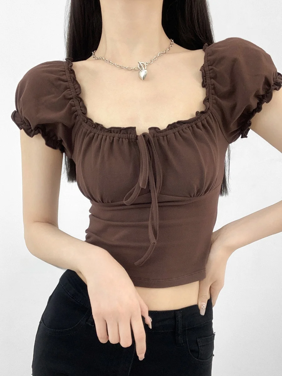 Summer New Style Short Sleeve T-Shirt Women's Hot Girl Style Hollow Design Bubble Sleeve Waist Inward Short Top Square Collar