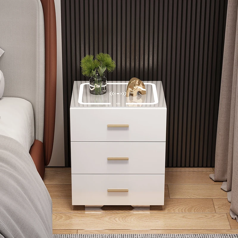 طاولة بجانب السرير ذكية ذات صمام ثنائي باعث للضوء باللون الأبيض شديد اللمعان مع 3 أدراج وشحن لاسلكي لأثاث غرف النوم #2