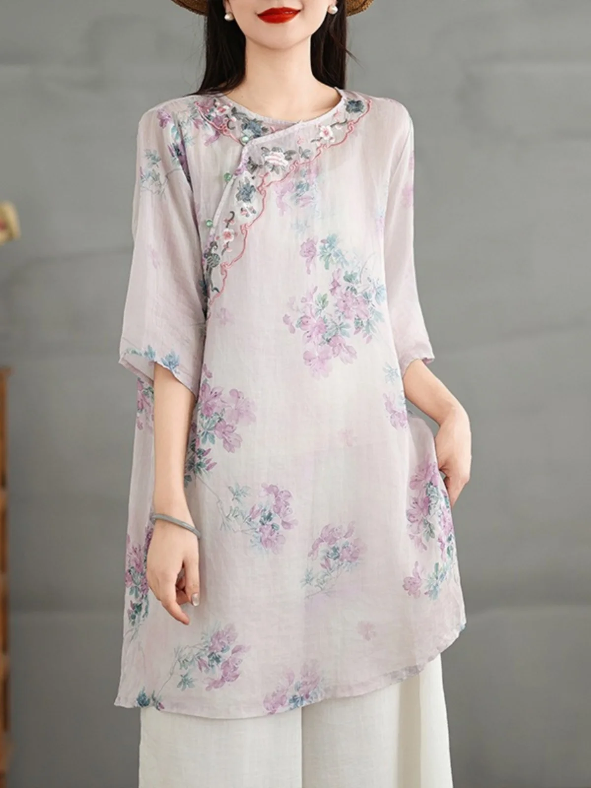 Retro haftowany nadruk, bawełna i len, rękaw 3/4, damska letnia nowość, chiński styl, narodowy trend, zapinana na guziki.