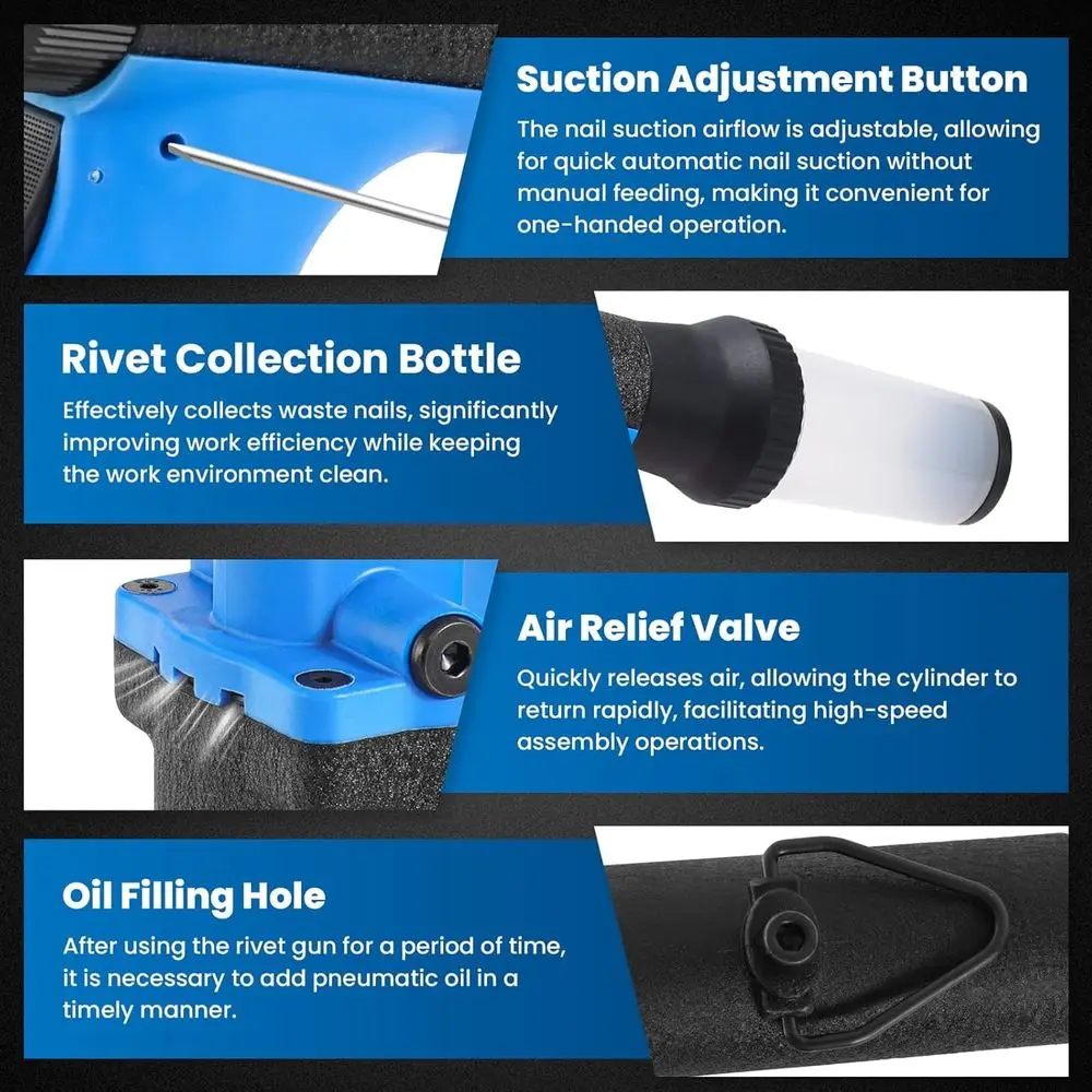 Pneumatic Rivet Gun Air Pop Riveter Tool Kit with 3/32, 1/8, 5/32, 3/16 Rivet Nozzles, Self-Suction Pneumatic Riveting Gun, Upgr