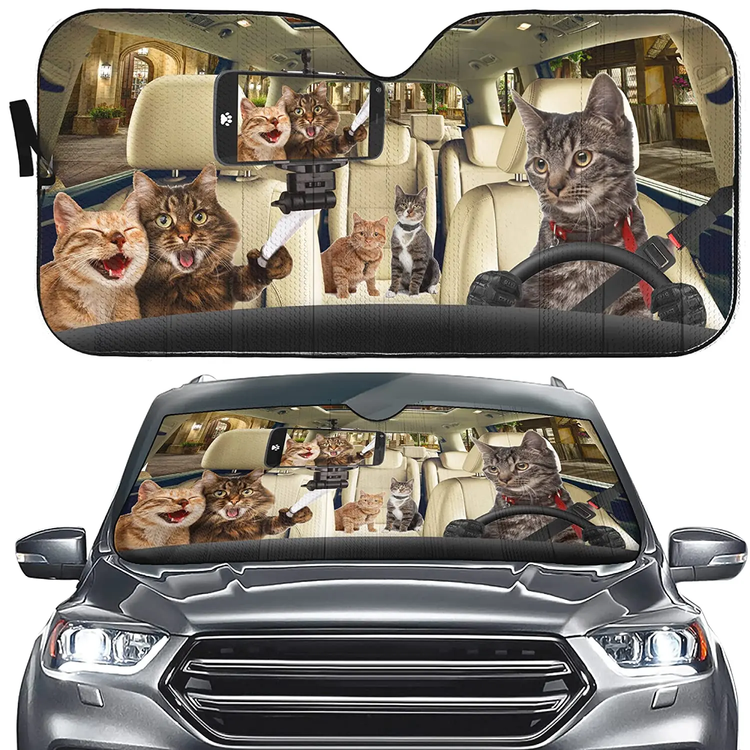 Selfie Cat Couple Sunshade Tabby Cat Driver Windshield Sun Shade for Car, Funny Amazing Pet Cat Auto Front Window Visor With