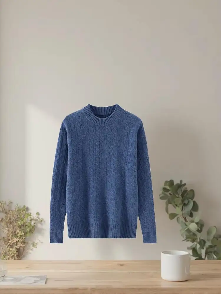 Autumn and winter 100% pure cashmere sweater men's round neck twisted pattern double loose knit sweater