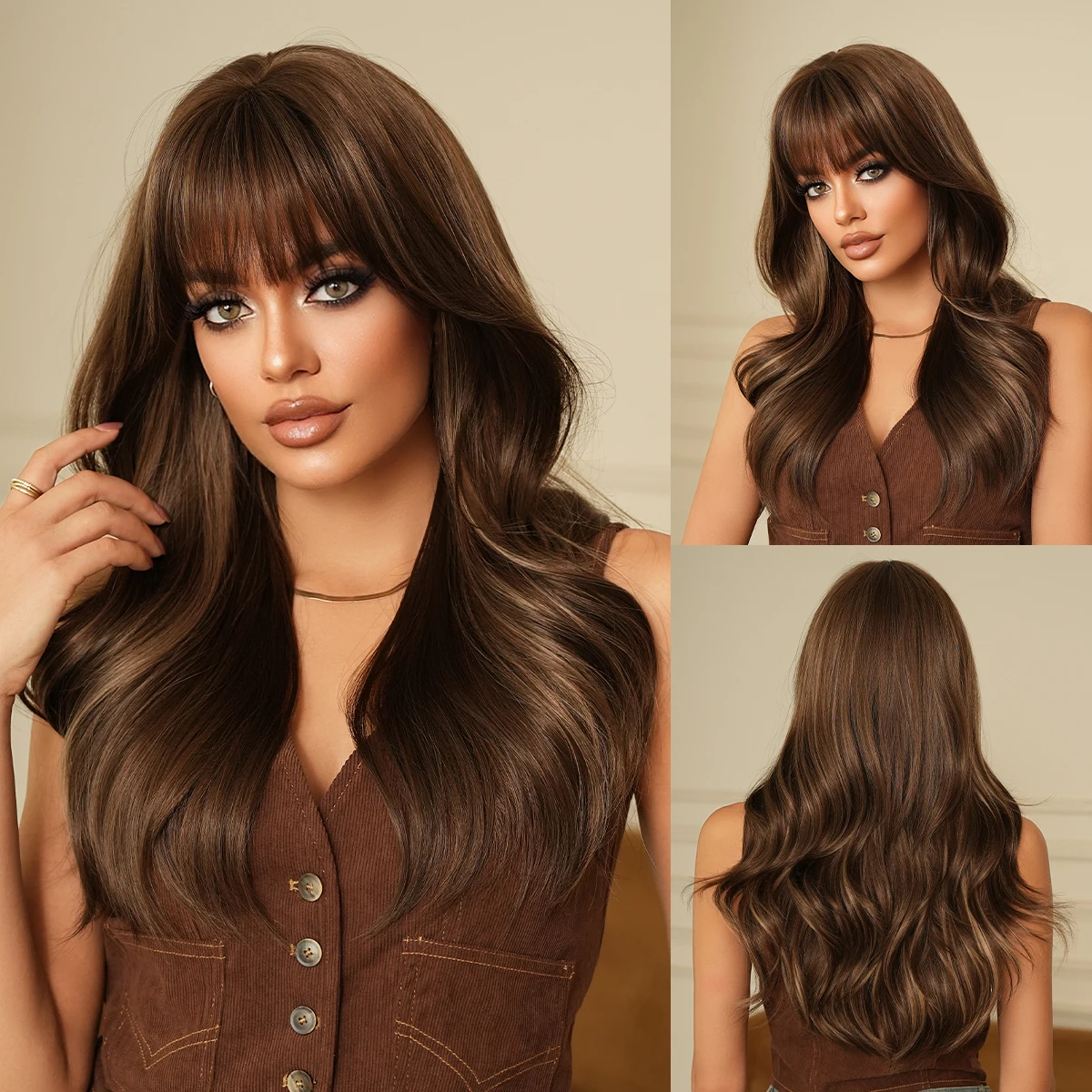 

Long Wave Brown Wigs For Women With Bangs Natural Looking Soft Dark Roots High Quality Synthetic Heat Resistant Fiber Wig Wig