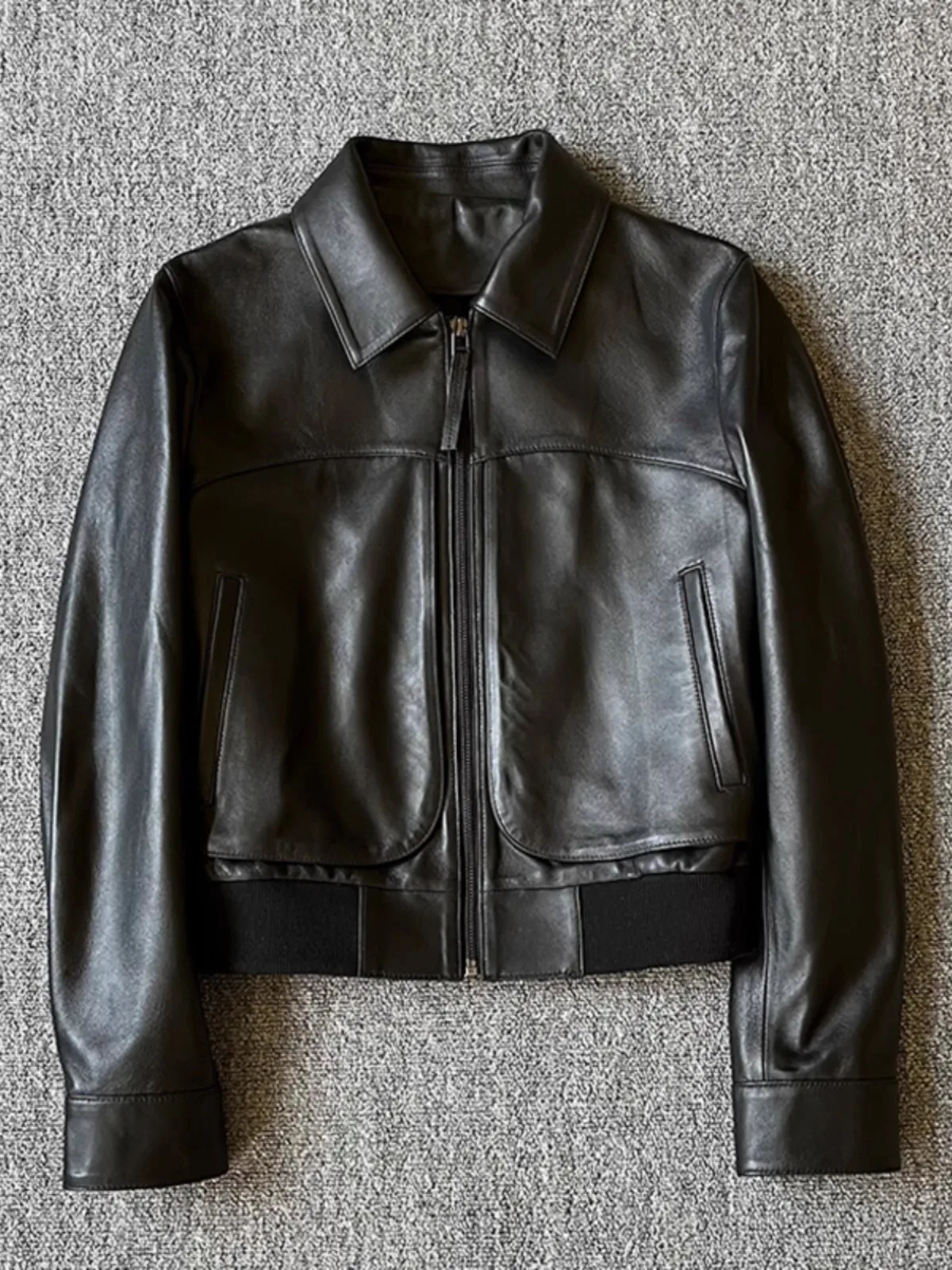 

Pure eepskin Leather Jaet Women's ort Sle Zipper Closure Slim Fit Turn-down Collar Outerwear Commute Sle Leather Coat