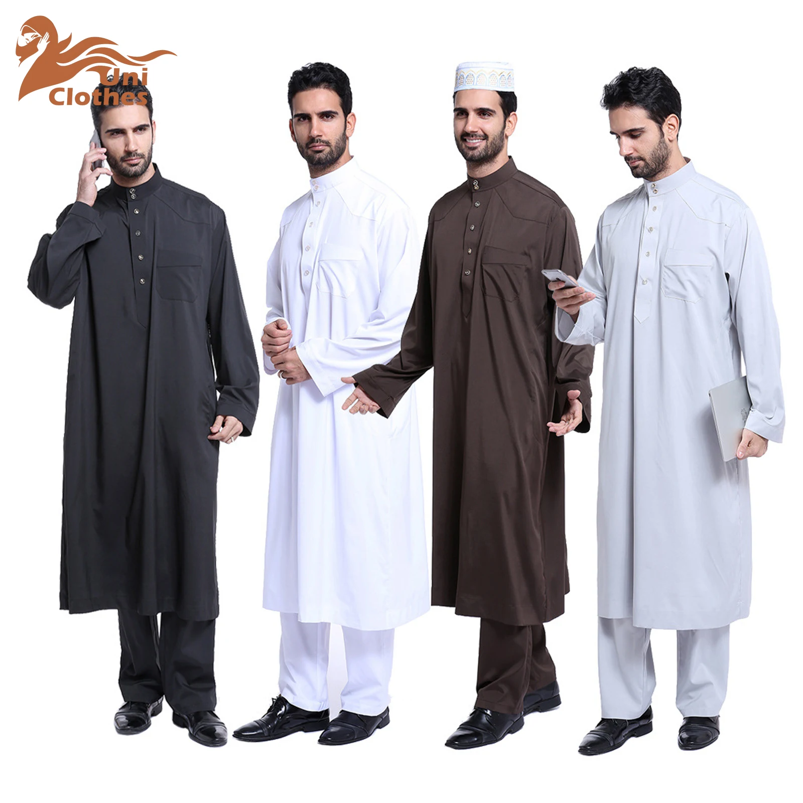 UNI Men Jubba Thobe Muslim 2 Pieces Set for Male Pakistan Dubai Saudi Abaya Prayer Islamic Clothing Worship Suit Arabic Ramadan