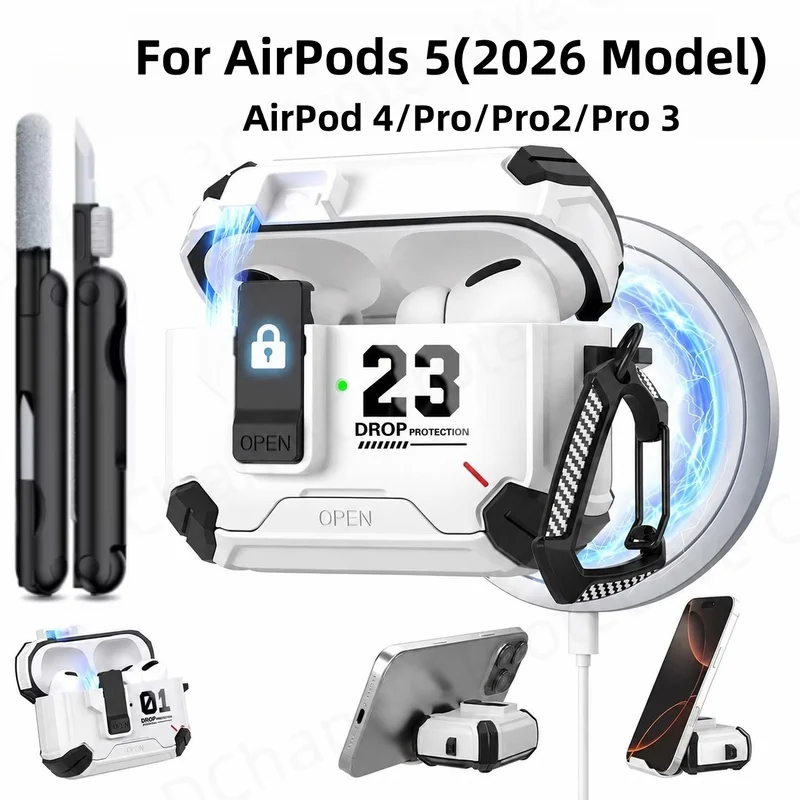 Rugged Case for AirPods 5 【Automatic Switch】 Case With Keychain AirPod 5/4 Luxury Case For AirPods Pro 2/3/4/5 Magsafe Case 2026