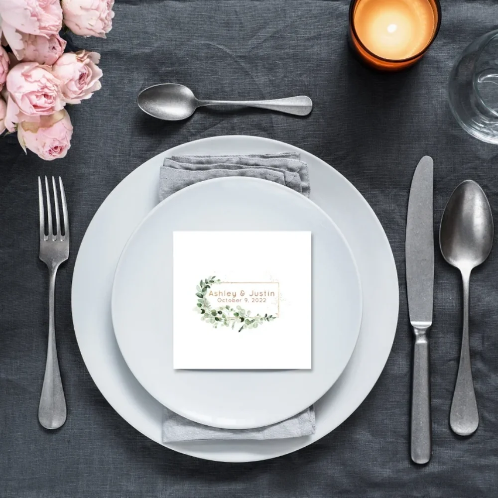 50 pcs Custom Ivy and Sage Themed Premium Custom Cocktail Napkins Measure Customize Names & Date or any other message