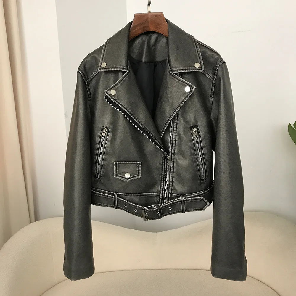 2024 Spring and Autumn New Women's Washed Leather Grinding Old PU Motorcycle Fashion Casual Jacket Leather Coat