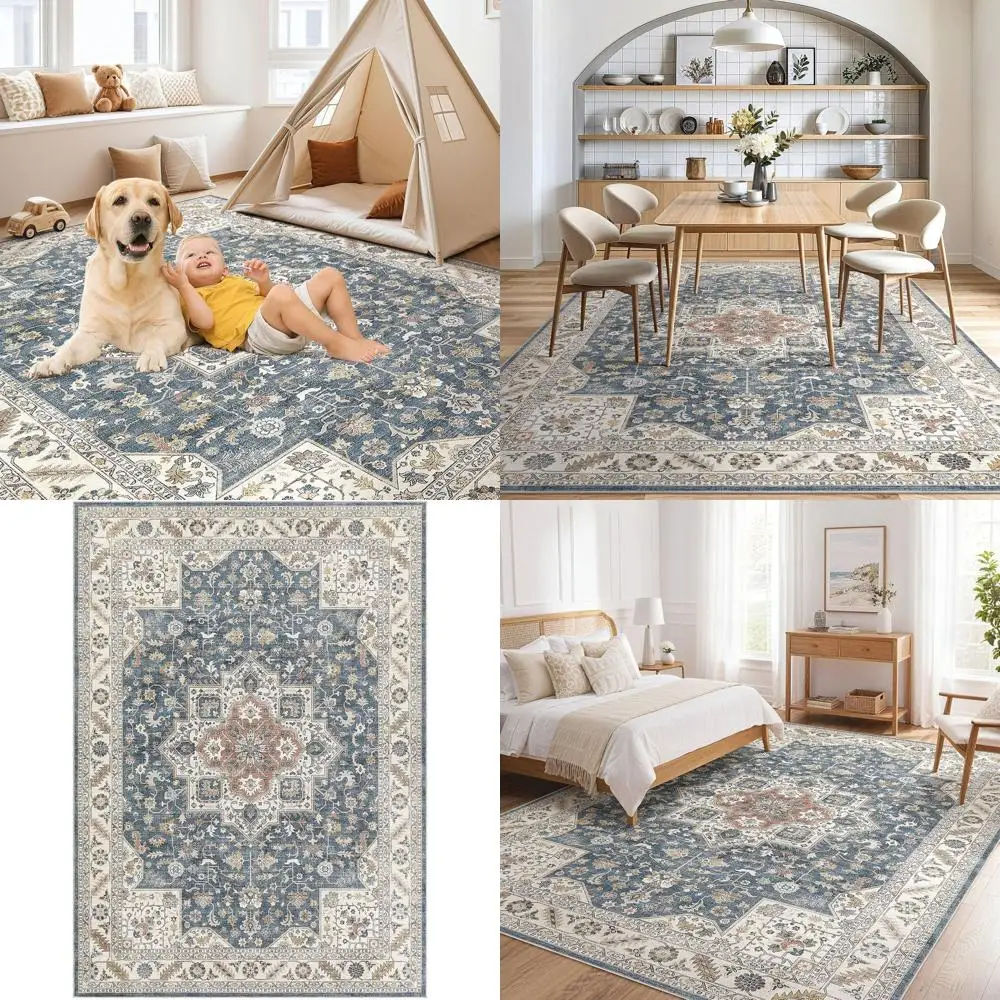 

Large 5x7 Vintage Blue Oriental Rug, Soft Washable, Distressed Design for Home Decor and Office