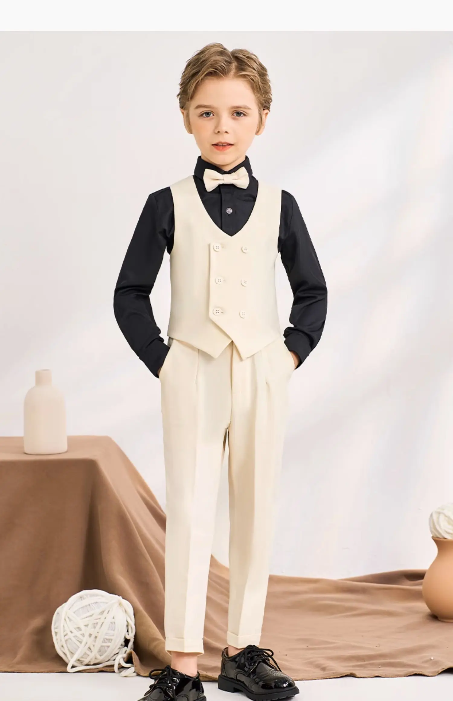 Boys Champagne 3Pieces/Set Vest Pants Bowtie Photography Suit Kids Elegant Ceremony Costume Children's Day Performance Dress