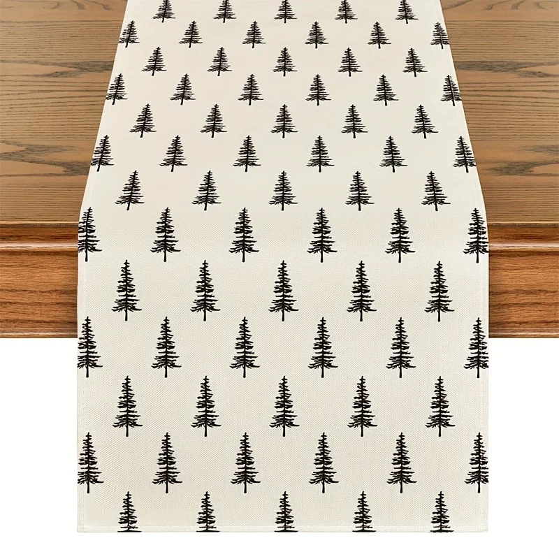 1 Piece of Simple Christmas Tree Pattern Table Runner, Black Pine Tree Print on White Background, Suitable for Nordic Style Home, Christmas Family Dinner, Literary Studio, Holiday B&B Decoration, Simple Restaurant Layout, Christmas Market, Winter Tea Party, Handmade Activity Scene