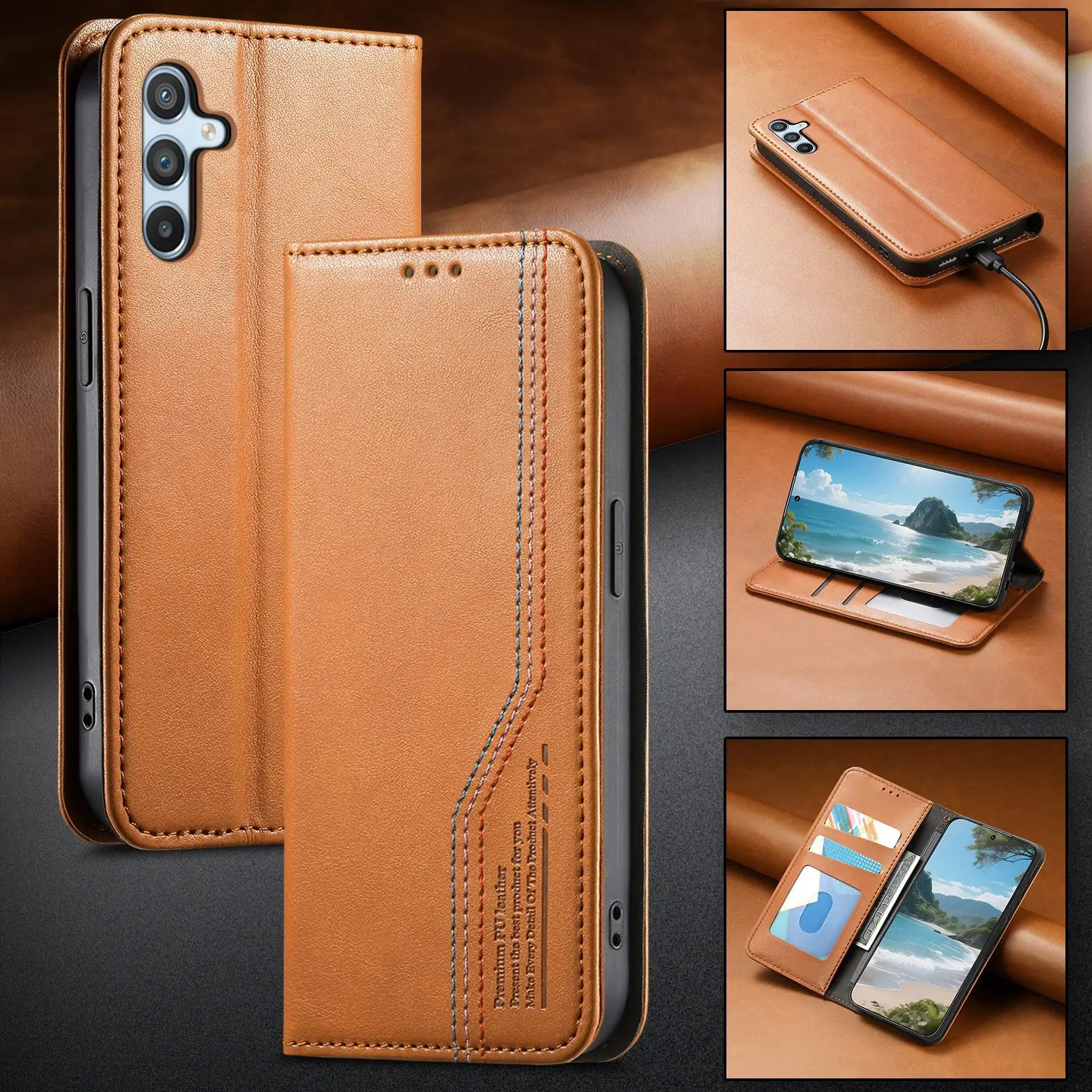 Applicable to Samsung A37 business pure-color mobile phone artificial leather case A56 flip cover with card slot A16  shell
