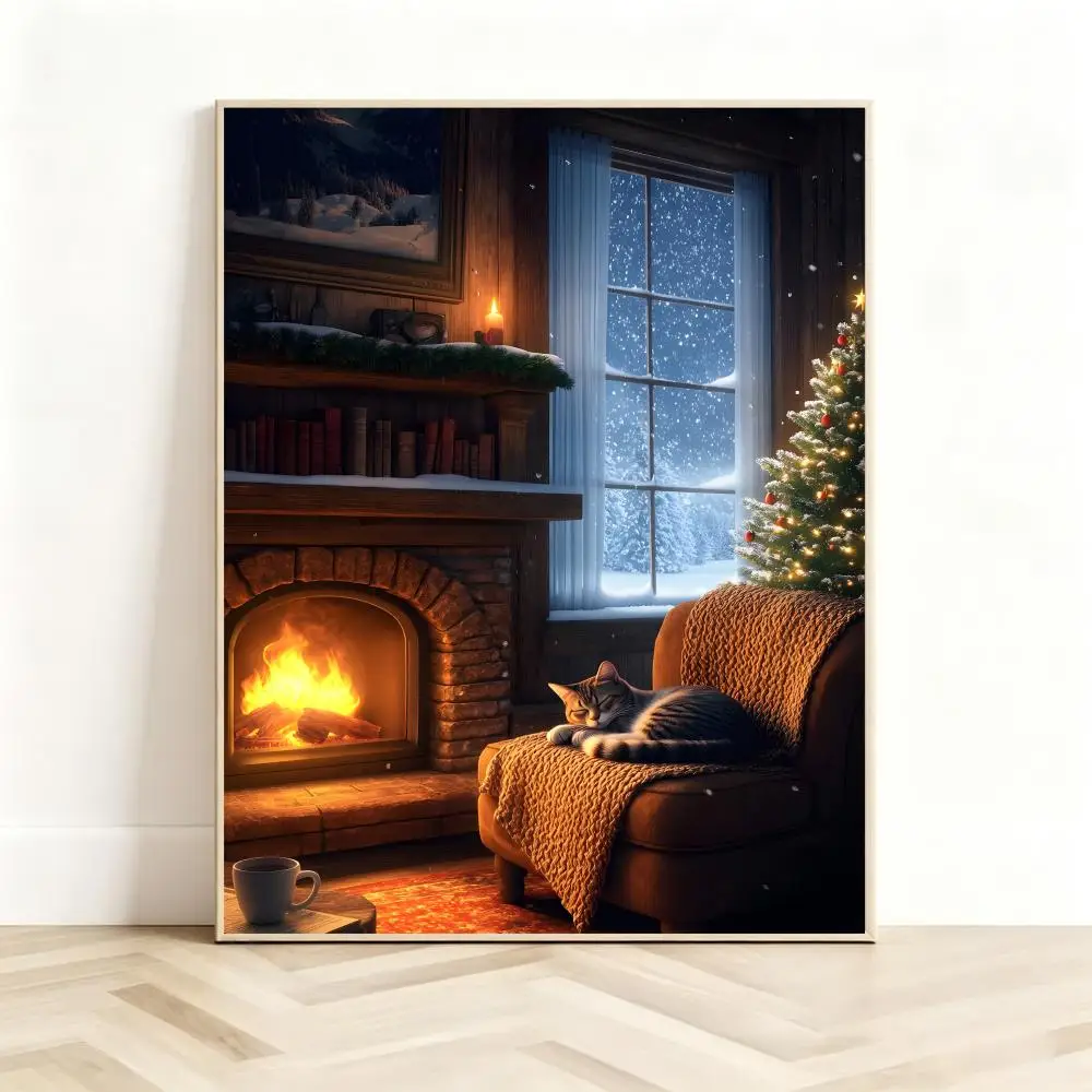 Warm Seasonal Art W-Winter Fireplace Hot Cocoa Poster Classic Self-Adhesive PP Wall Sticker for Living Room Bar Decor Gift