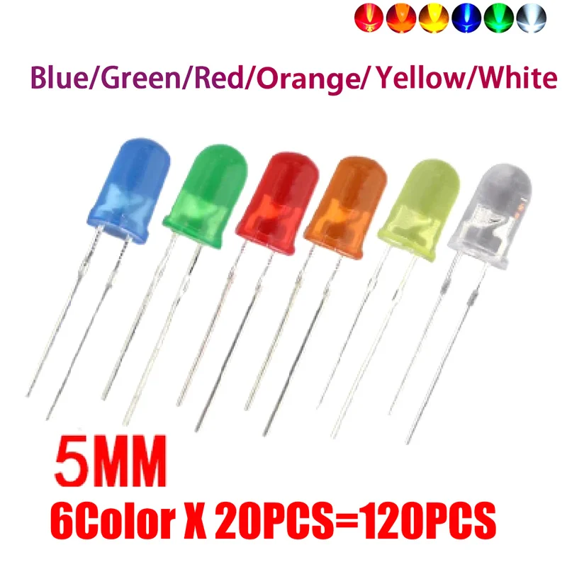 120pcs 5mm LED Diodes Muticolor Light White Yellow Red Green Blue Orange Assorted Bulbs Set Light Emitting Diodes Assortment Kit