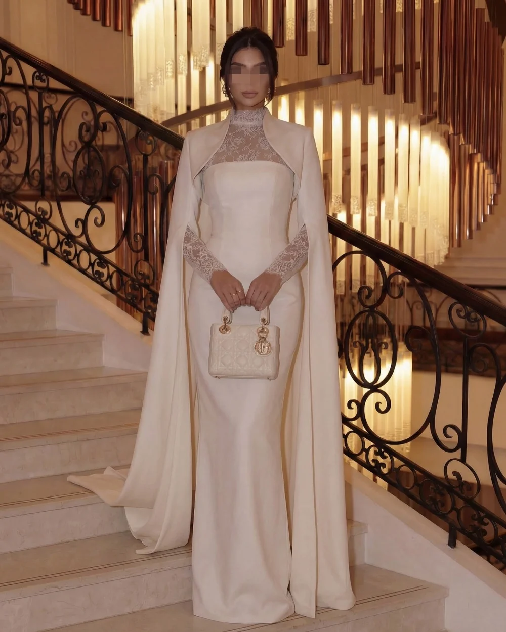 Customized Beige Formal Modest Jersey Pleat Lace Straight High Collar Long Dresses Evening Dresses Casual For Birthday Party