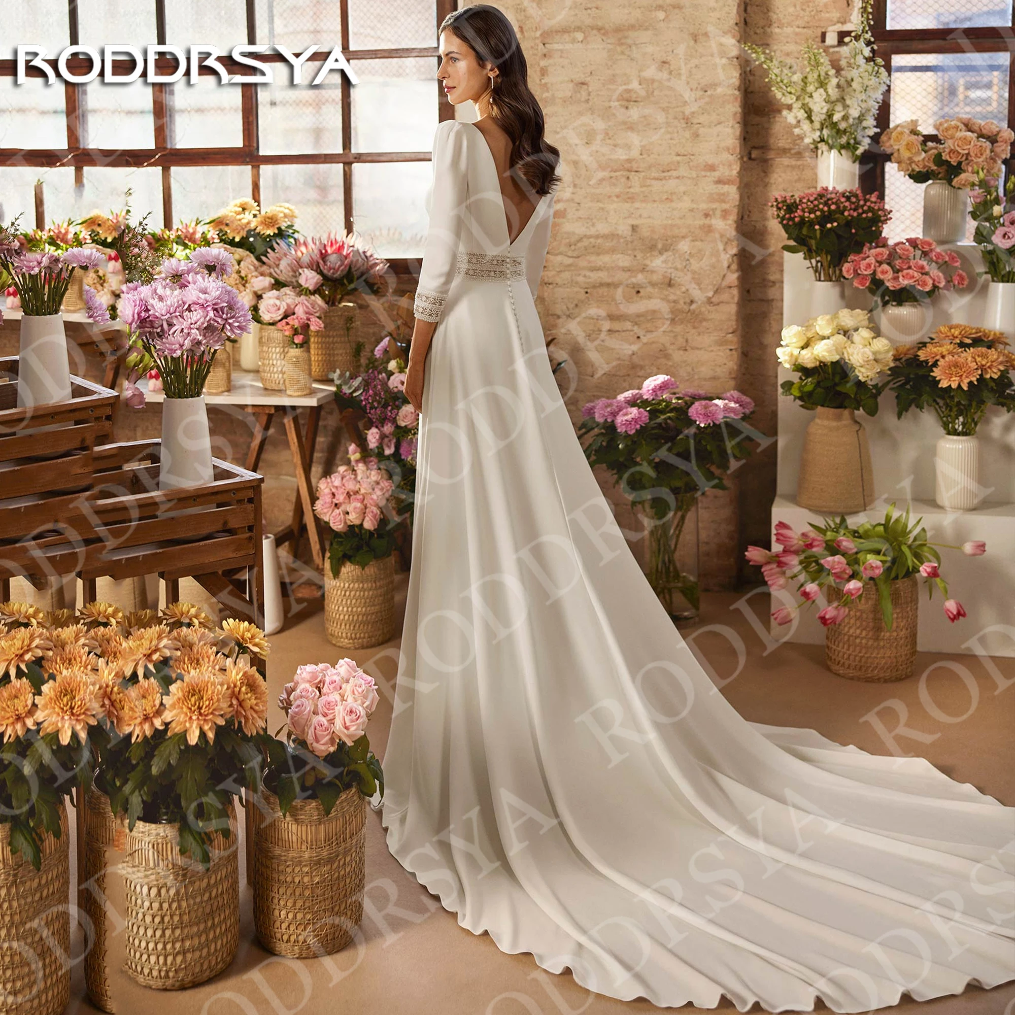 RODDRSYA Crepe A Line Wedding Dress Woman Simple V Neck 3/4 Sleeves Lace Open Back Bridal Dresses Customized Robe De Mariage