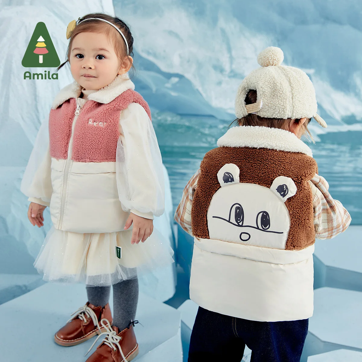 Amila Baby's Vest 2024 Winter New Boys and Girls Cartoon Bear Fashion  Waistcoat Lamb Hair Collar Kids' Warmth Tops