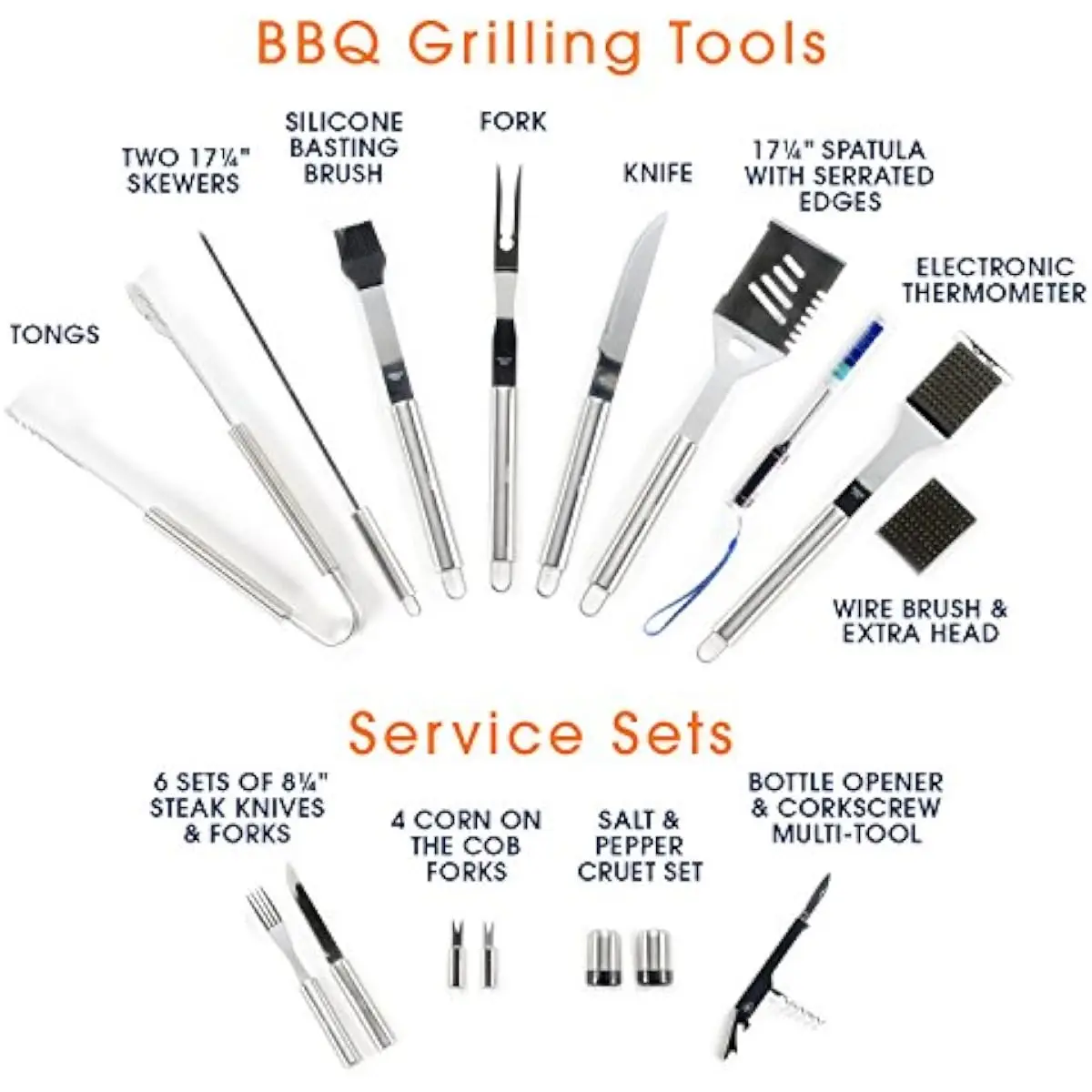 30-piece premium stainless steel grilling toolkit with aluminum storage case featuring 4-in-1 slotted spatula, heat-resistant to