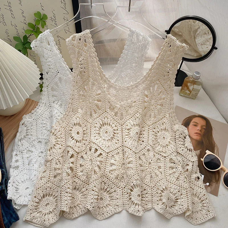Boring Honey Round Collar Solid Colors Women's Clothes For Summer Retro Hollow Out Knitted Fashion Women Blouses Hollow Out Tops