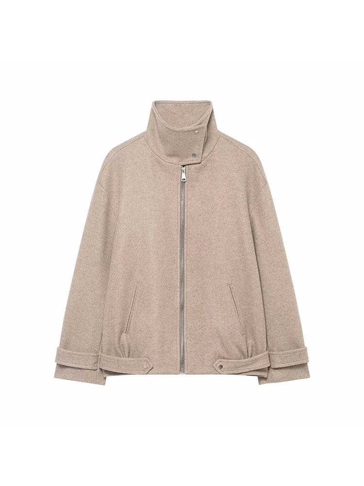 

Women Autumn Winter Retro Design Stand Collar Bomber Jacket Casual Zipper Trendy Loose Fit Coat