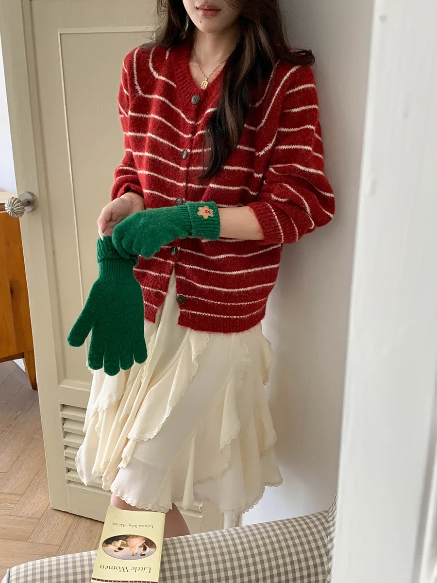 Kardigan Rajut Wanita Kasual Longgar Bergaris Lengan Panjang Model Baru Musim Gugur Nyaman Dipakai