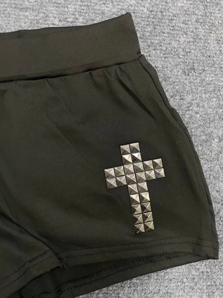 Summer Cross Rivet Grunge Mini Shorts Women Elastic Waist Harajuku Pants Casual Y2k Aesthetic Pantalones Cortos De Mujer 2026
