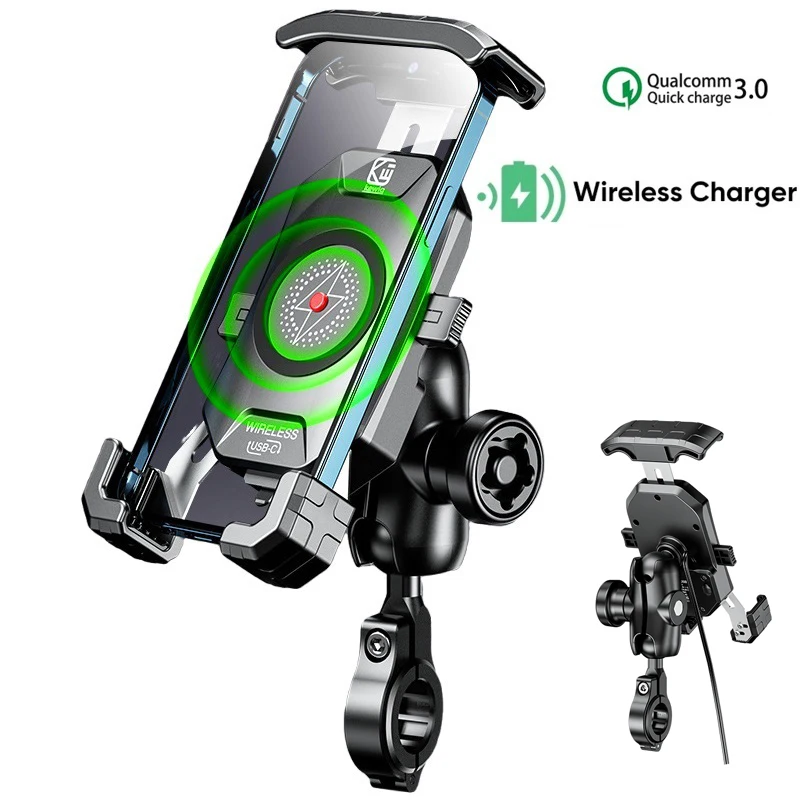 Waterproof 12V Motorcycle Mirror 15W Wireless Qi/USB C PD 20W Cellphone Fast Charger Handlebar Holder Mount Cradle with Switch