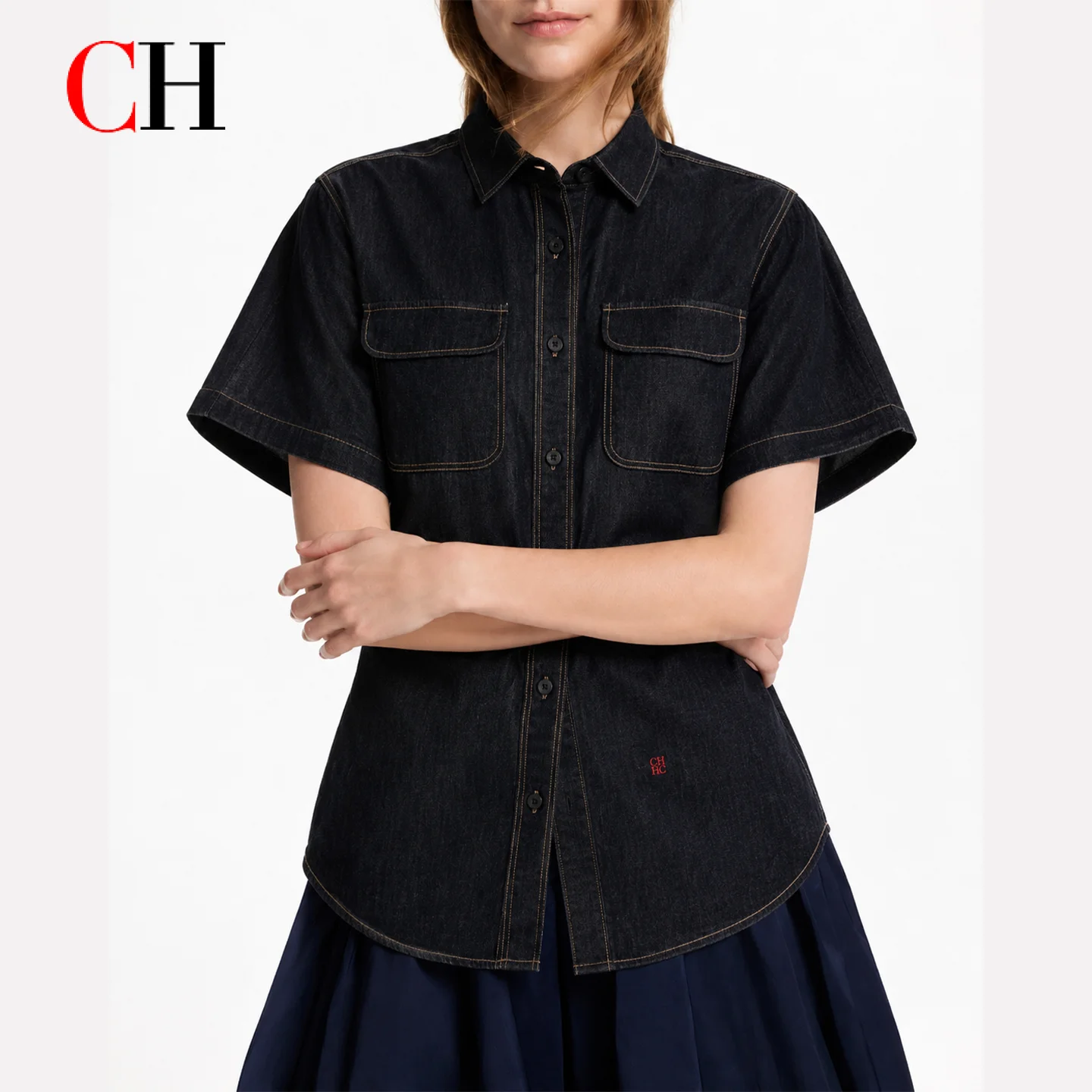 CH Women Contrast Stitch Short Sleeve Denim Shirt Lapel Double Pockets Button Down Casual Jean Blouse