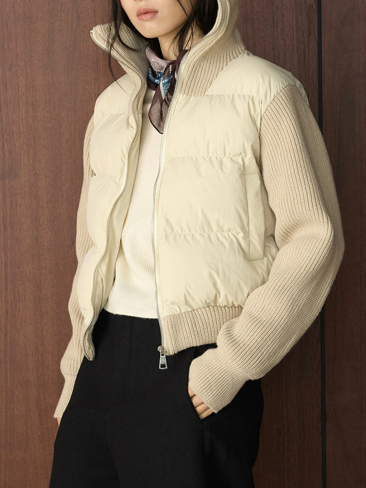 FANAN Modne, dziergane, łączone z bawełną płaszcze damskie z golfem, zapinane na zamek, krótkie okrycia wierzchnie, grube, ciepłe ubrania biurowe na zimę, nowość