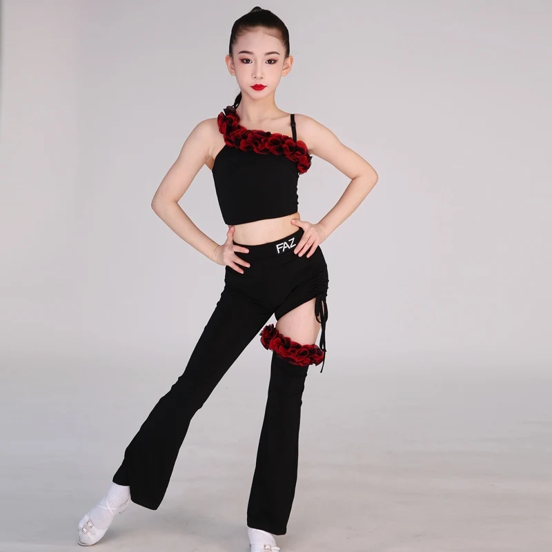 

New Girls Latin Dance Costume Kid Salsa Ballroom Dance Clothes Irregular Hollow Pants Children'S Latin Dance Suits SL12473