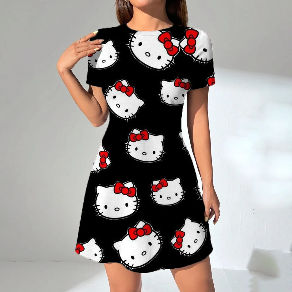 2025 ใหม่สไตล์เกาหลี PLUS-ขนาด Hello Kitty พิมพ์เสื้อยืดผู้หญิงฤดูร้อนหลวม Fit Belly ครอบคลุมชุดนักเรียน ﻿