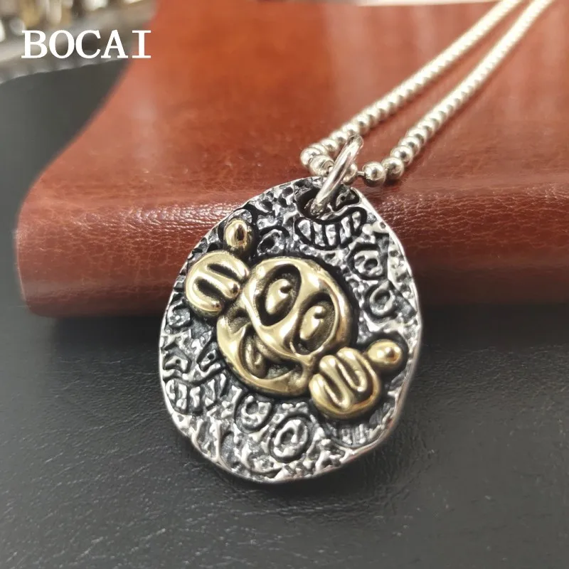 BOCAI New S925 Sterling Silver Retro Minimalist Personalized Hip Hop Smiling Face Pendant Male and Female