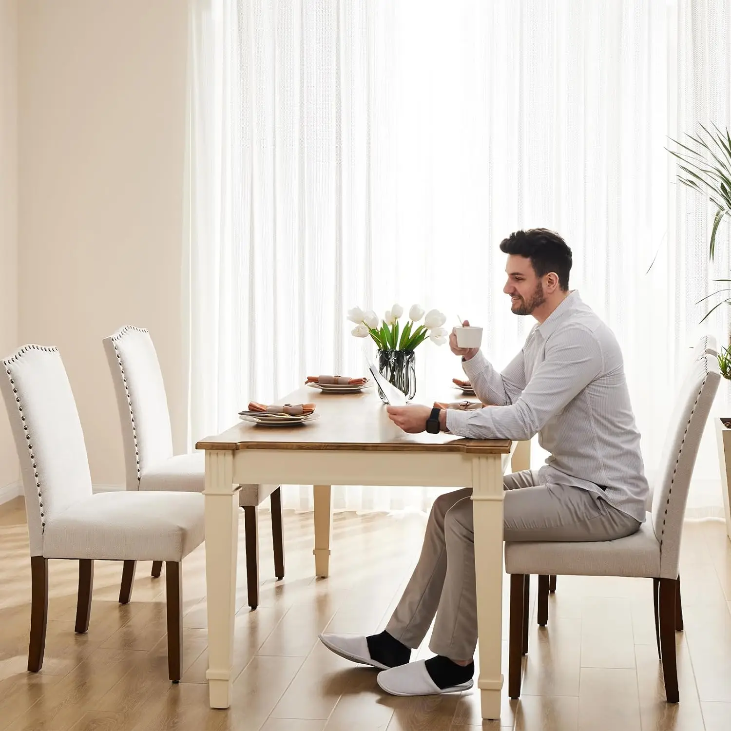 Dining Chairs Set of 6, Fabric Dining Room Chairs, Upholstered Parsons Chairs with Nailhead Trim and Wood Legs