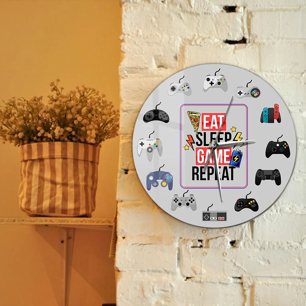 Eat Sleep Game Repeat Funny Gaming Quotes Printed Wall Clock For Gamer Players Room Video Game Controllers Decorative Wall Watch