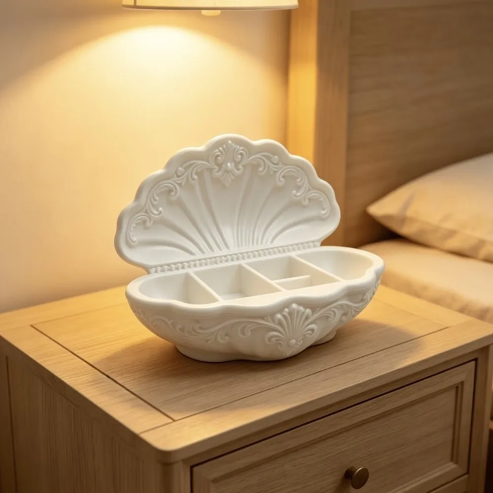 3D Printed Shell-Shaped Jewelry Tray Oval Vanity Decor Desktop Storage Box Decorative Vintage Decorative Gift Box Table Decor
