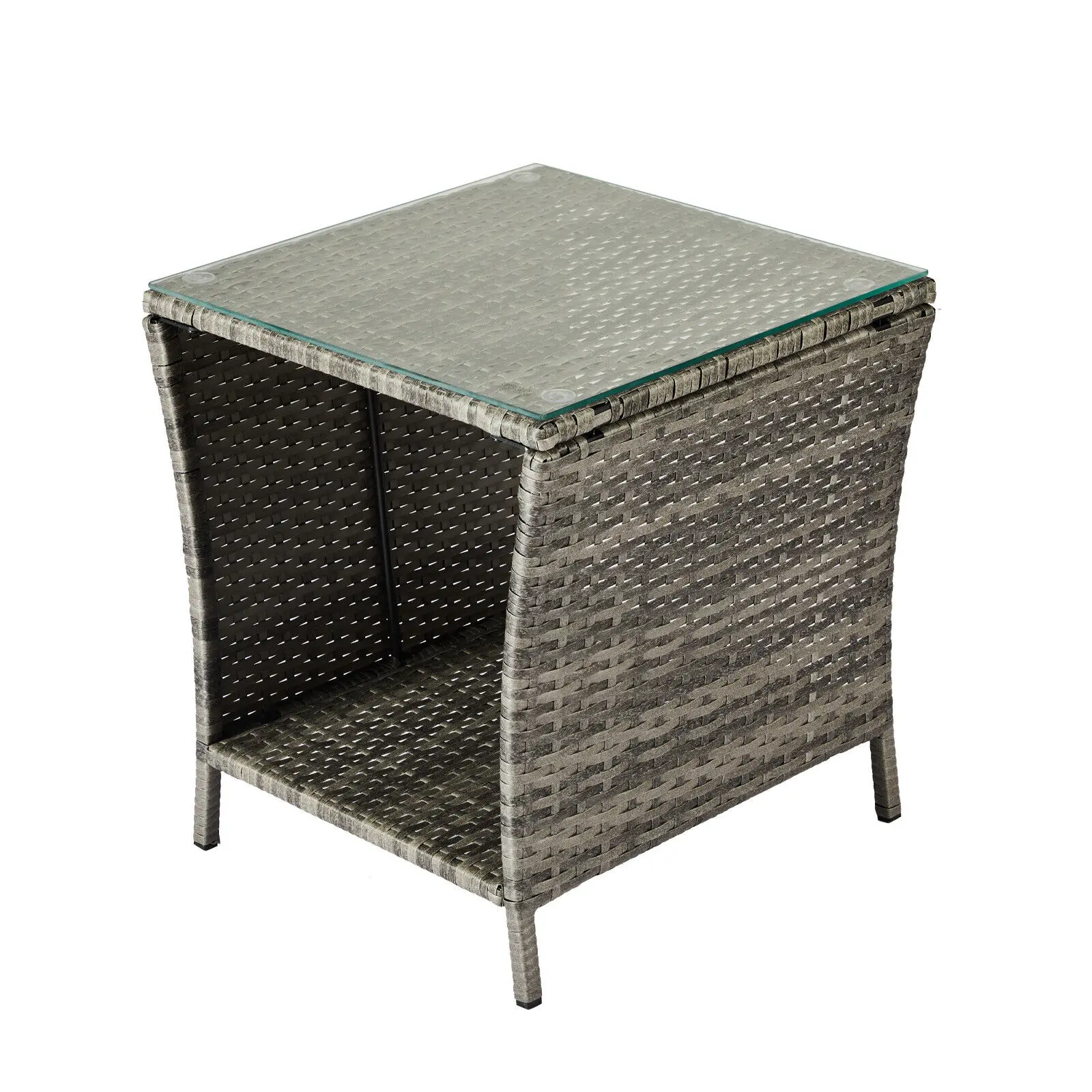 

Gray Wicker Rattan Side Tea Table with Glass Patio Outdoor Garden Furniture