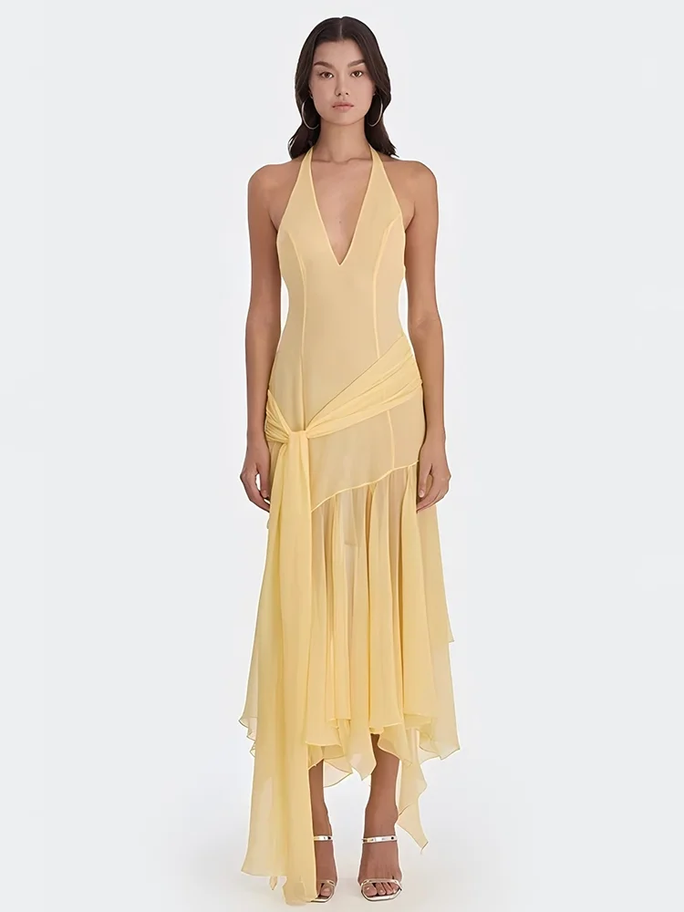 AbsobeชีฟองSheer Maxi Halter Tank Dressผู้หญิงเซ็กซี่ลึกVคอBackless Splicedริบบิ้นSlim A-Lineชุดยาวpartywear