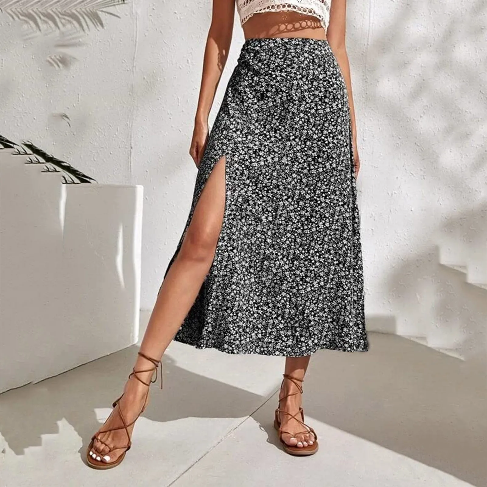 2025 New Sexy High Waist Loose Lady Midi Skirt Sheath Summer Beach Skirt Slit A-line Floral Print Skirt Ladies Clothes