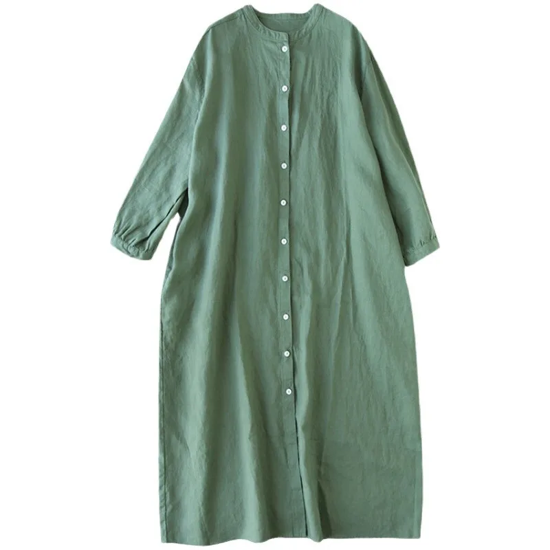 Muslin Cotton Linen Green Midi Dresses A-Line O-Neck Loose Long Sleeve Dress With Button Fashion Women Streetwear Female Robe