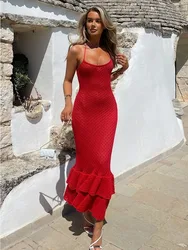 Tossy Hollow Out Ruffled Knit Maxi Dress For Women Lace-Up High Waist See-Through Slim Backless Dress Elegant Bandage Long Dress