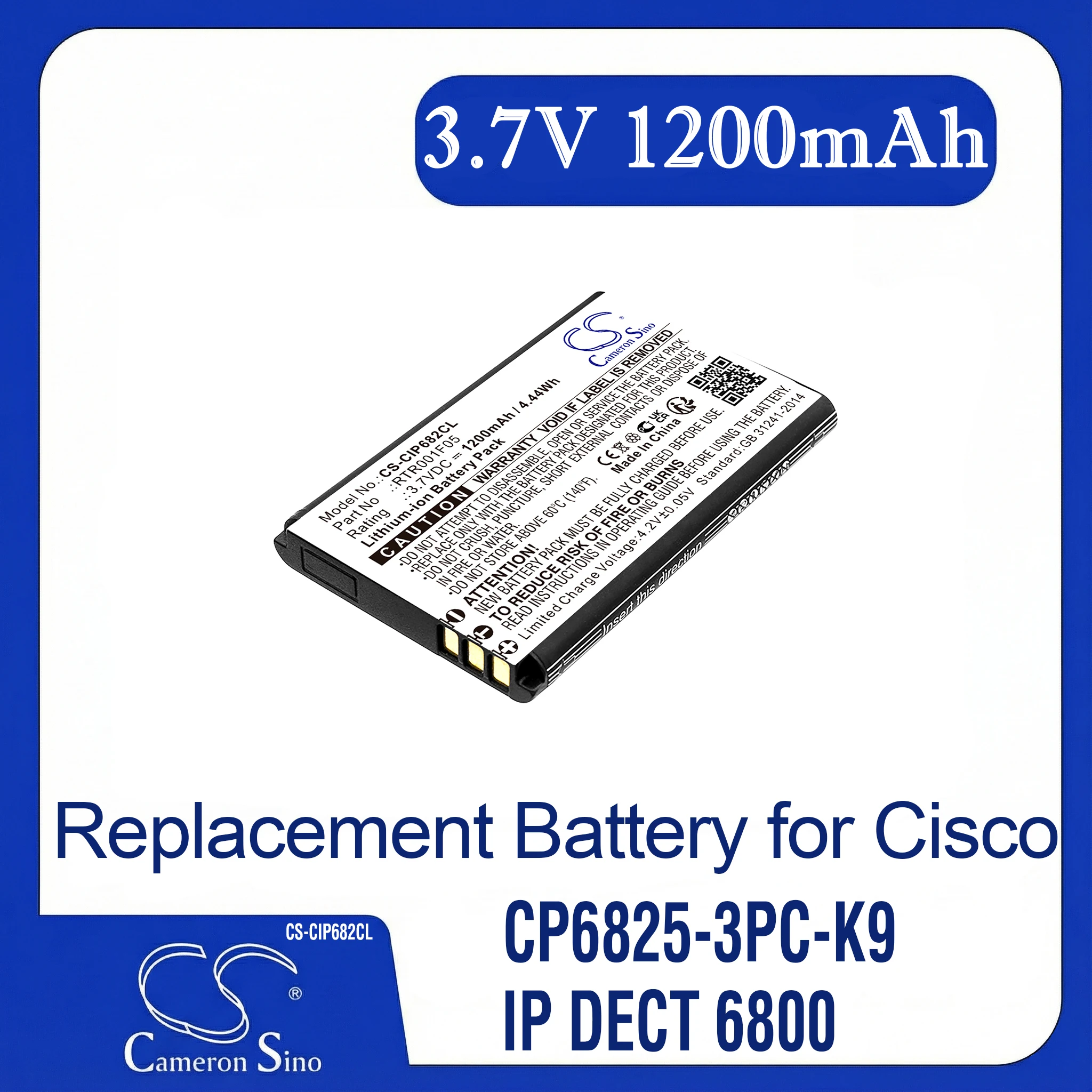 Cameron Sino Replacement Battery for Cisco CS-CIP682CL, Fits P/N  CP6825-3PC-K9, IP DECT 6800, IP DECT 6825