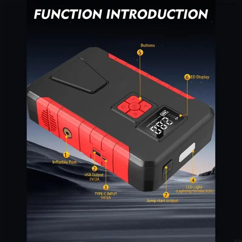 M76E Reliable 12V Portable Jump Starter Includes LED Work Light and Air Compressor