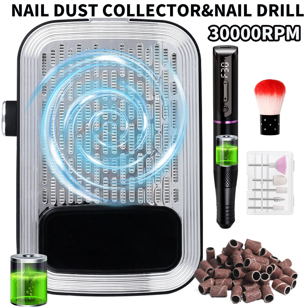 80W High Power Nail Dust Collector And Nail Drill Rechargeable For Manicure Wireless Nail Vacuum Powder Cleaner Dust Tools Kit