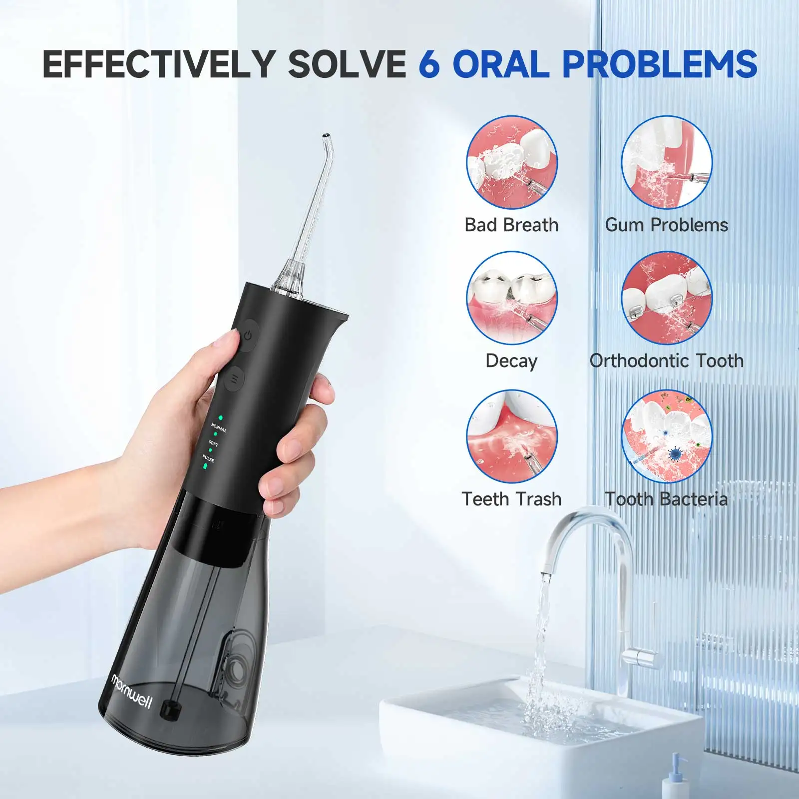 Mornwell F29 Oral Irrigator 3 Mode Water Flosser Dental Water Jet for Teeth Rechargeable Portable 180ML Water Tank Teeth Cleaner