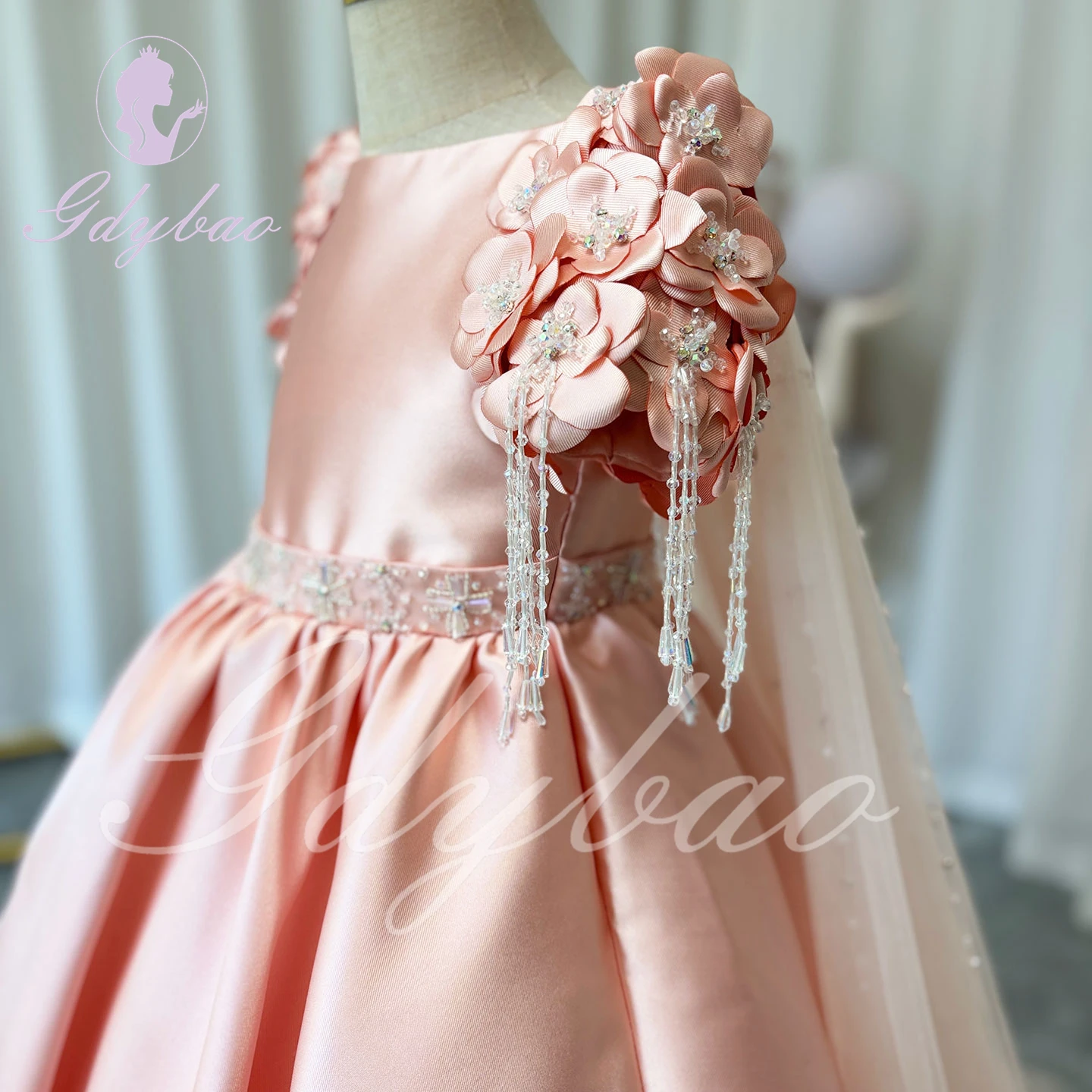 Vestido rosa de flores para niña, para boda, apliques 3d, satén hinchado, cuentas, lentejuelas, cuentas, princesa, vestido de fiesta de primera comunión para niños