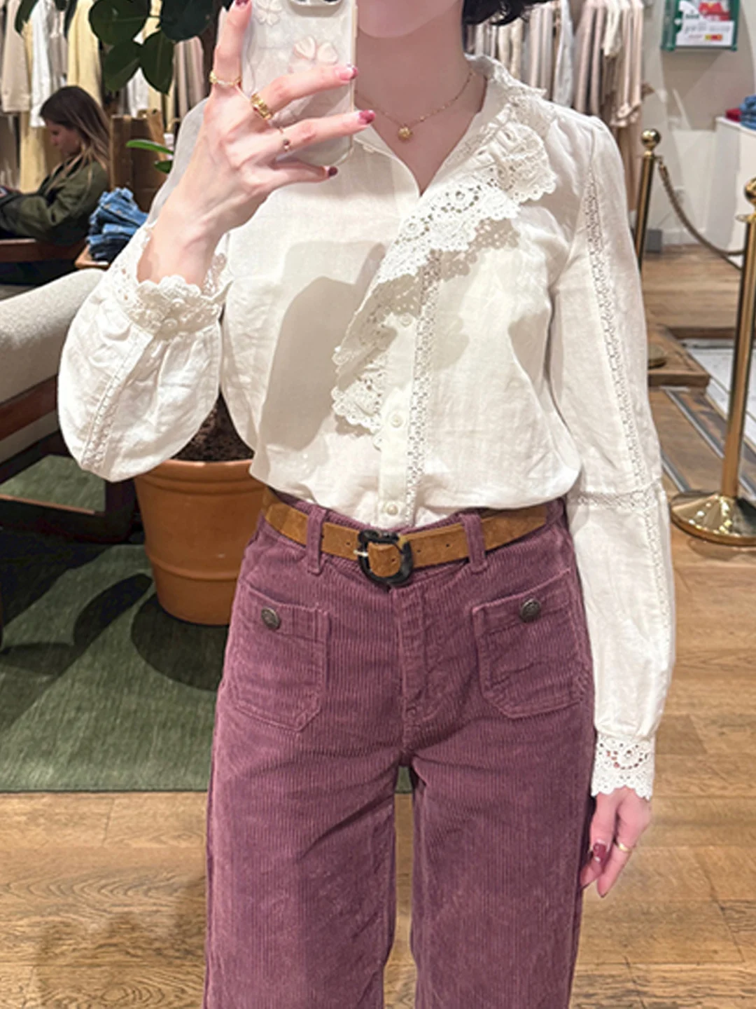 

Ele Hollow out Lace Trim Stand Collar irt Women Single Button Sve Cuff Long Sve Linen Blend Casual irt