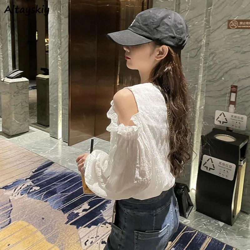 Chic Off Shoulder Sun-proof Blouses Women Fashion Ruched Folds Ruffles Young Sweet Popular All-match Thin Breathable Tops Ladies