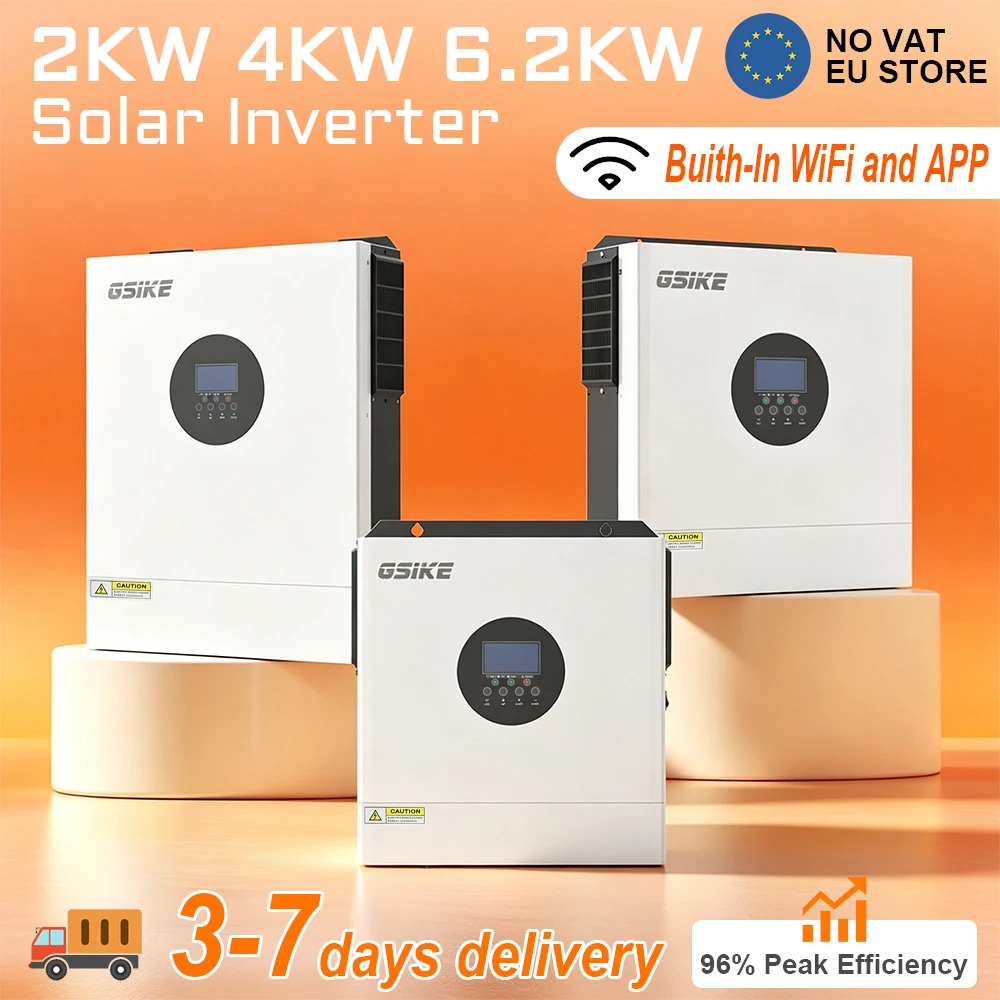 Convertisseur solaire hors réseau GSIKE 2 kW, 4 kW, 6,2 kW avec onde sinusoïdale pure, contrôleur de charge solaire MPPT intégré, DC 12 V/24 V/48 V vers AC 220 V, convertisseur solaire hybride avec WiFi pour systèmes solaires domestiques