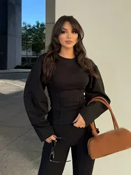 HH Women's Fashion Slimming 2-Piece Set Double-Sided Fabric O-Neck Long-Sleeve Top+Elegant Stretch Long Pants Female Suit