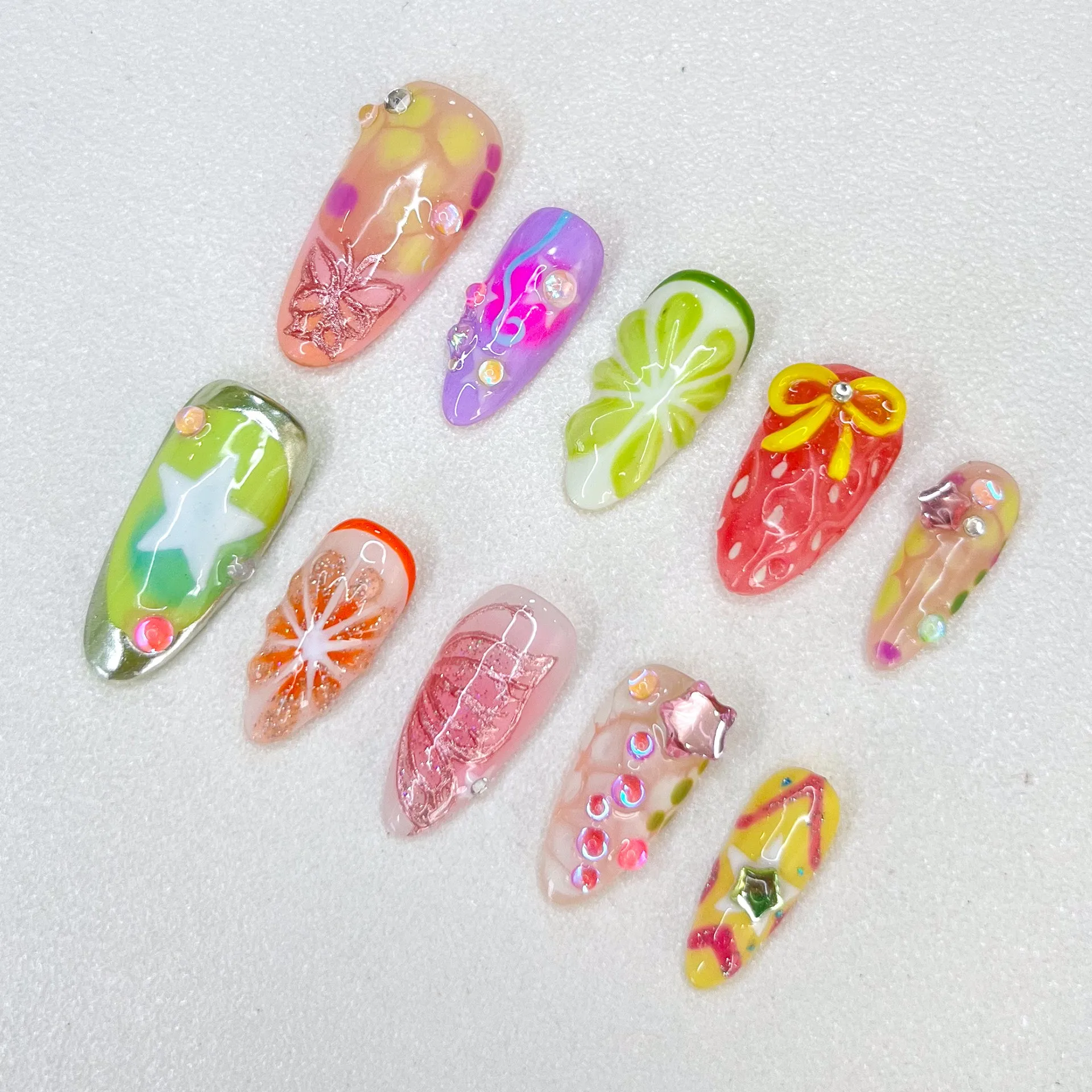 New2025 3D Relief Handmade Fruit Series Personal Design Press on Nails Medium Almond Shell Series Fake Nails Shell Limite Nails